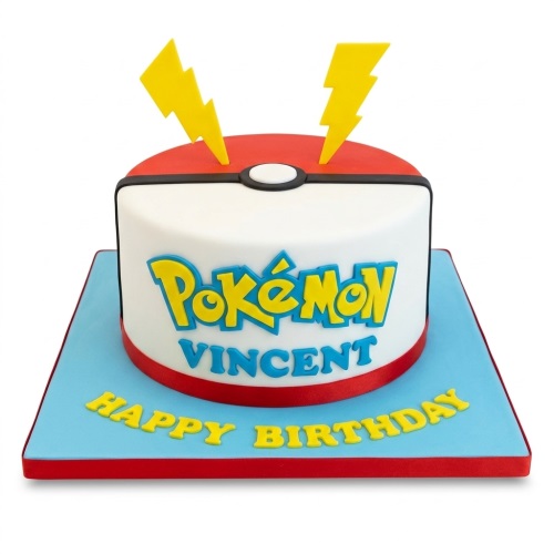 Round Pokémon themed birthday cake with a Poké Ball design, yellow lightning bolt toppers, and a personalised name.