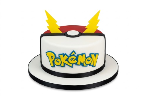 Round white, red, and black cake designed as a Poké Ball with the Pokémon logo and yellow lightning bolt toppers.