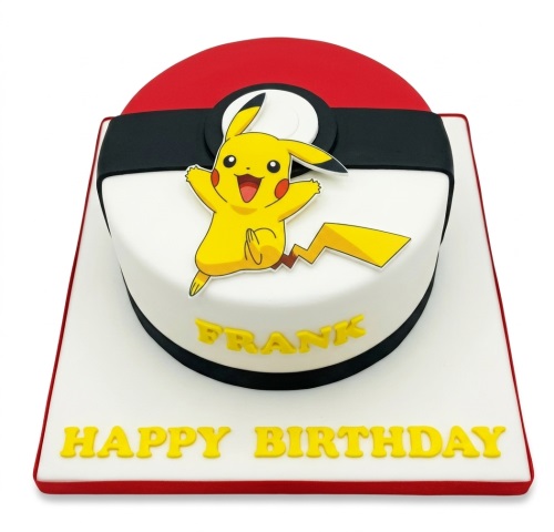 Pikachu Pokémon birthday cake with a Poké Ball design and personalised message.