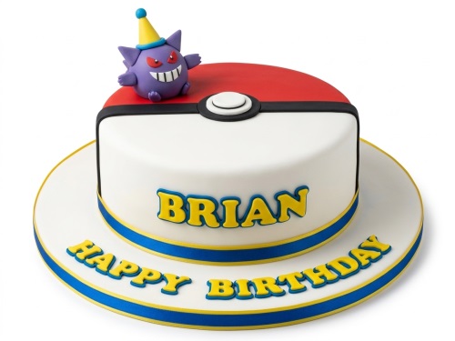 Round Pokémon Poké Ball birthday cake with Gengar topper and custom message.