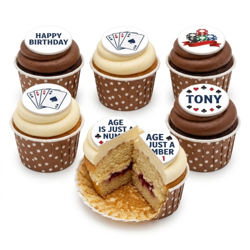 Six casino theme cupcakes with playing cards, poker chips, and birthday messages