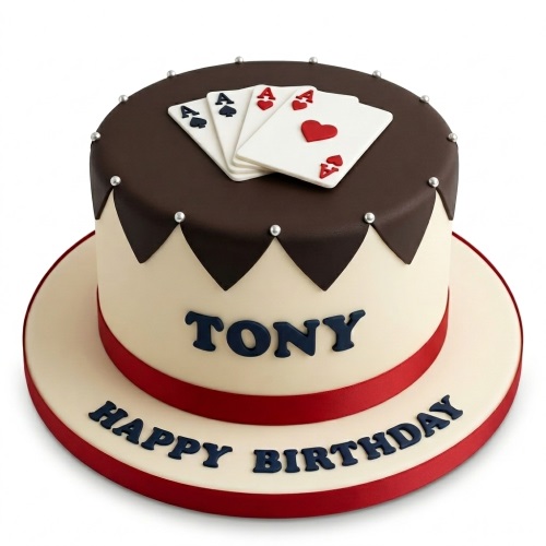 Two-tier poker themed birthday cake with edible playing card aces and a red ribbon.