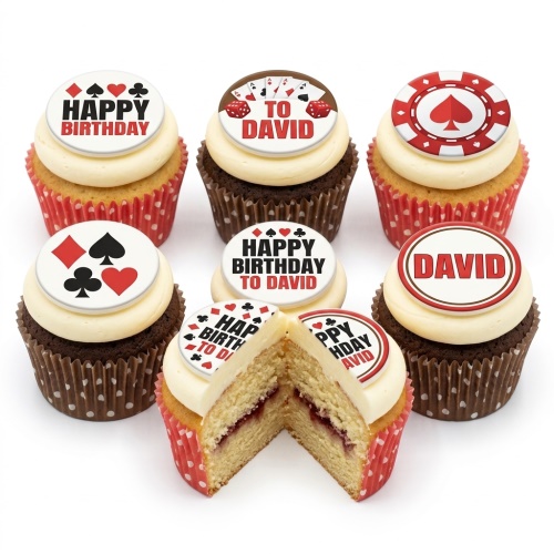 Six casino theme birthday cupcakes with playing card suits, poker chips, and personalised messages.