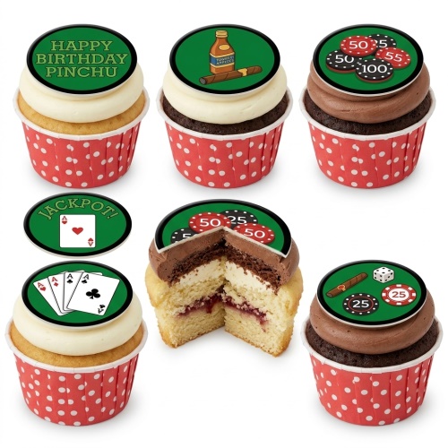 Assortment of casino theme cupcakes with poker chips, playing cards, dice, cigar, and liquor bottle toppers.
