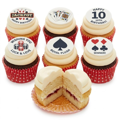 A selection of casino and poker themed cupcakes with playing cards, chips, and suit symbols, some with 'Happy Birthday' and 'Royal Flush' messages.