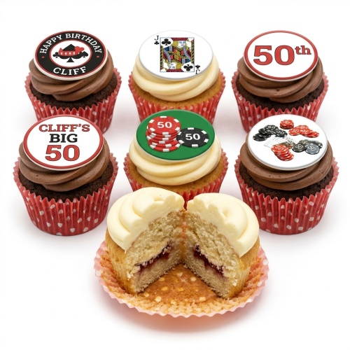 Casino theme birthday cupcakes with poker chips, playing cards, and custom age toppers.