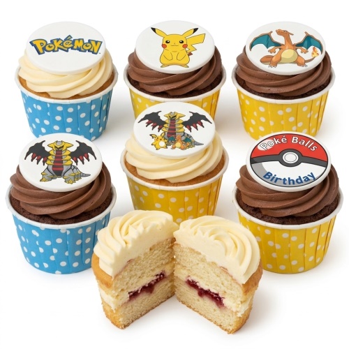 A selection of Pokémon themed cupcakes with edible toppers featuring Pikachu, Charizard, Giratina, and the Pokémon logo, in blue and yellow polka dot wrappers.