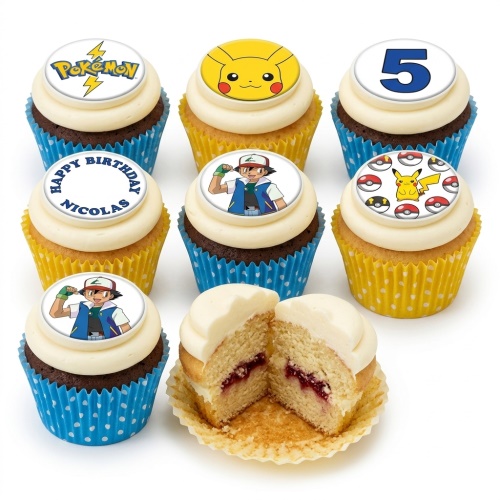 Pokémon themed cupcakes with Pikachu, Ash, Poké Balls, and custom age topper.