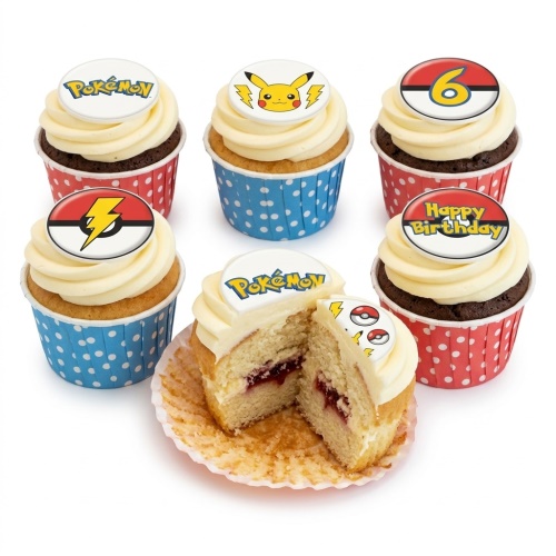 A selection of Pokémon themed cupcakes with cream frosting and edible toppers, including the Pokémon logo, Pikachu, and Poké Balls, some with a lightning bolt or 'Happy Birthday' message, in red and blue polka dot cases.
