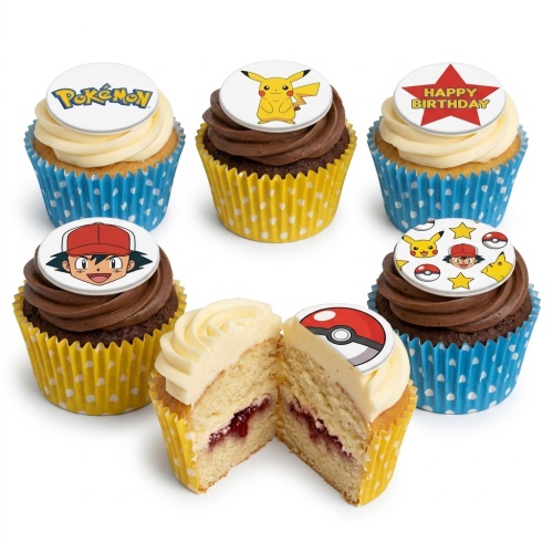 A selection of Pokémon themed birthday cupcakes with toppers featuring the Pokémon logo, Pikachu, Ash Ketchum, a Poké Ball, and a 'Happy Birthday' star.