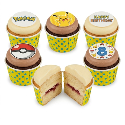 Assortment of Pokémon themed cupcakes with Pikachu, Poké Ball, Pokémon logo, Happy Birthday and custom age '8' toppers.