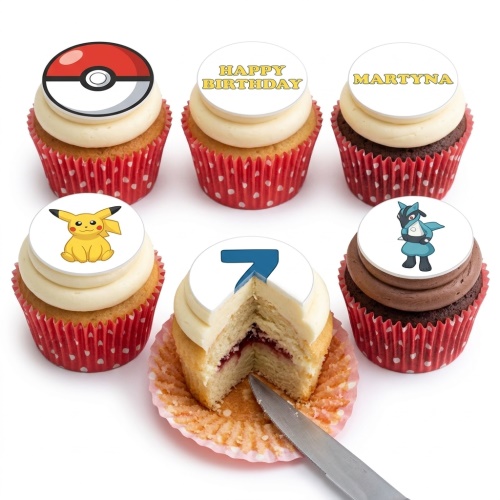 A set of six Pokémon themed birthday cupcakes with Pikachu, Pokeball, Lucario, Happy Birthday, and custom age toppers.