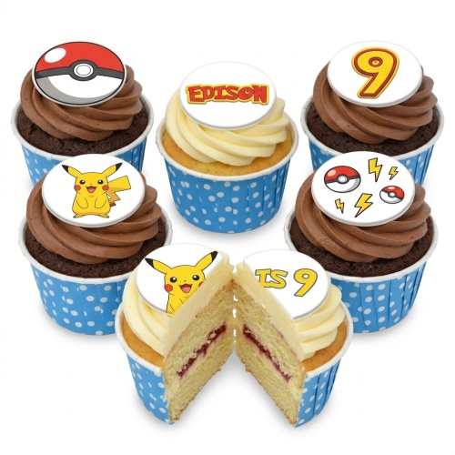 Six Pokémon themed cupcakes with Pikachu, Poké Ball, and custom age toppers in blue polka dot wrappers.