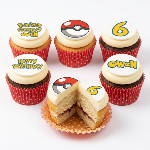 Six Pokémon themed cupcakes with Poké Ball and 'Happy Birthday' toppers, some with custom name and age '6'.