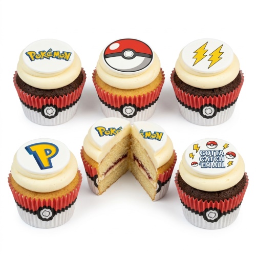 Pokémon themed cupcakes with Poké Balls, logo, and lightning bolt toppers.