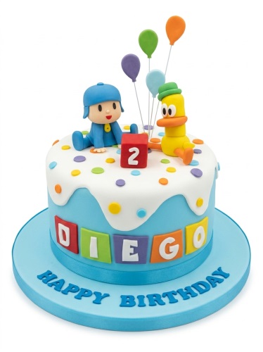 Round blue Pocoyo and Pato birthday cake with custom age topper, name, and balloons.