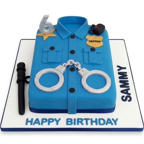 Blue police uniform birthday cake with handcuffs, badge, baton, and custom age topper.