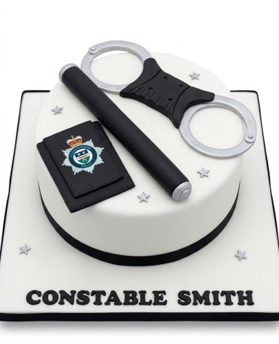 Two-tier white police theme cake with black and silver handcuffs, a police baton, and a Leicestershire Police badge decoration.