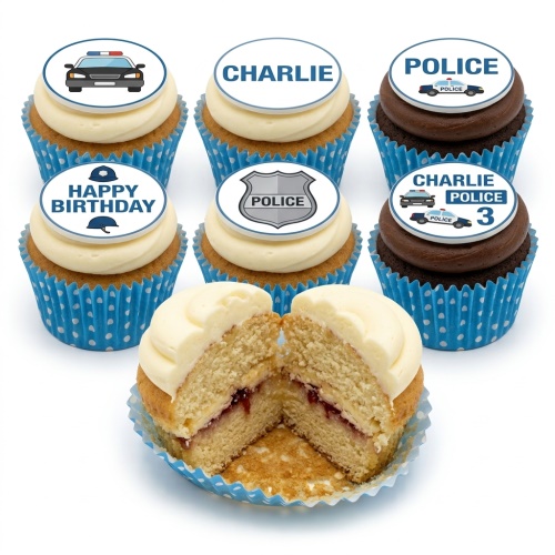 Vanilla and chocolate cupcakes with white and brown frosting, topped with edible police cars, police badge, and police helmet designs.