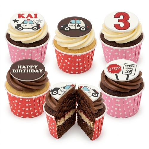 Police car themed birthday cupcakes with custom age and message toppers