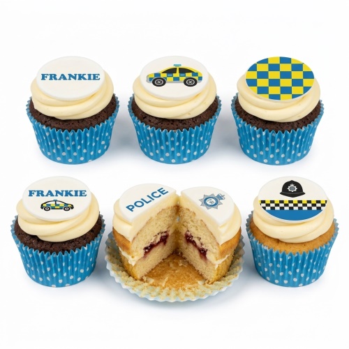 Selection of police themed cupcakes with police car, helmet, and checkered pattern toppers on chocolate and vanilla sponges with cream frosting.