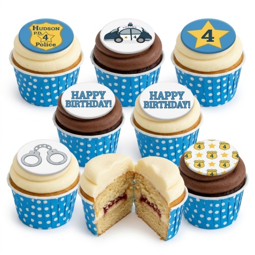 Police theme birthday cupcakes with police cars, handcuffs, badges, and custom age toppers