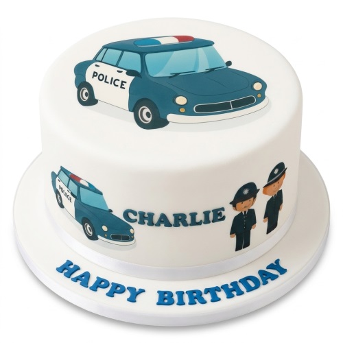 White round cake with police car and officers, 'Happy Birthday' message.