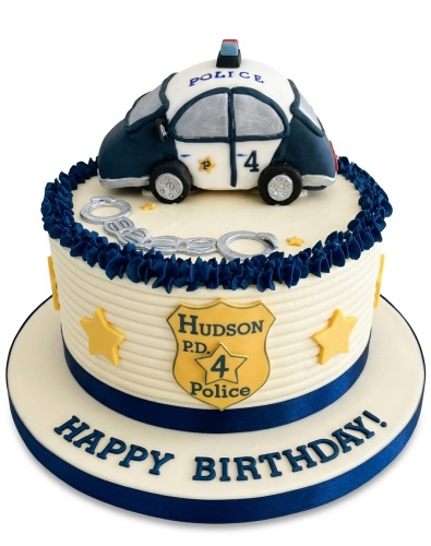 Round white birthday cake with a 3D police car, handcuffs, and a yellow custom age police badge.