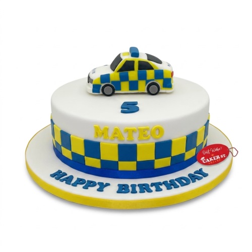 White round cake with a blue and yellow checkered band, topped with a police car and a blue custom age topper.