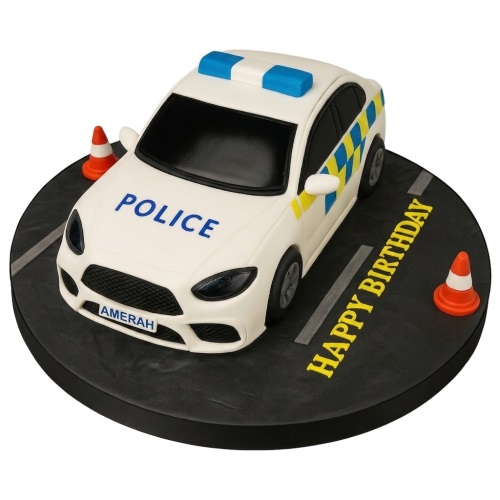 White police car shaped birthday cake with blue sirens, Battenburg markings, traffic cones, and a personalised name plate on a road-themed board.