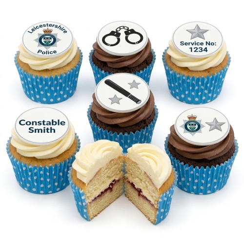 Police themed cupcakes with various police insignia toppers, including crests, handcuffs, and a baton, with examples of custom text.