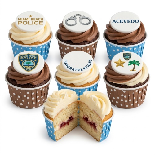 Cupcakes with police theme toppers including handcuffs, badges, a star, and a palm tree, with custom messages.