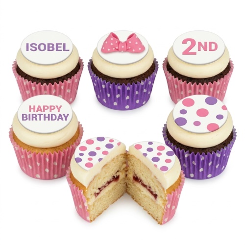 Girls birthday cupcakes with pink and purple polka dots, a bow, and custom age/name toppers.
