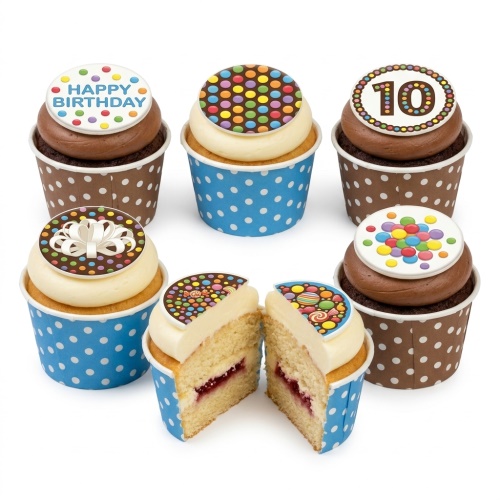 Colourful birthday cupcakes with edible dot and gift bow toppers, and a custom age example.