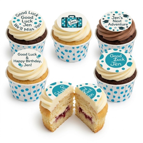 Cupcakes with white and chocolate frosting, blue polka dot wrappers, and good luck/new adventure themed edible toppers.