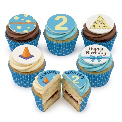 Construction theme birthday cupcakes with blue wrappers, custom age topper, and 'Happy Birthday' message.
