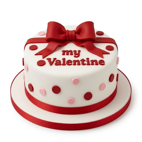 White cake with a large red bow, red ribbon, and red and pink polka dots, featuring "my Valentine" in red text.