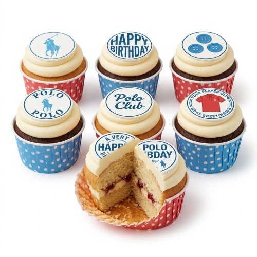 Cupcakes with Polo themed edible toppers including a polo player logo, "Polo Club" text, a polo shirt, and "Happy Birthday" messages.