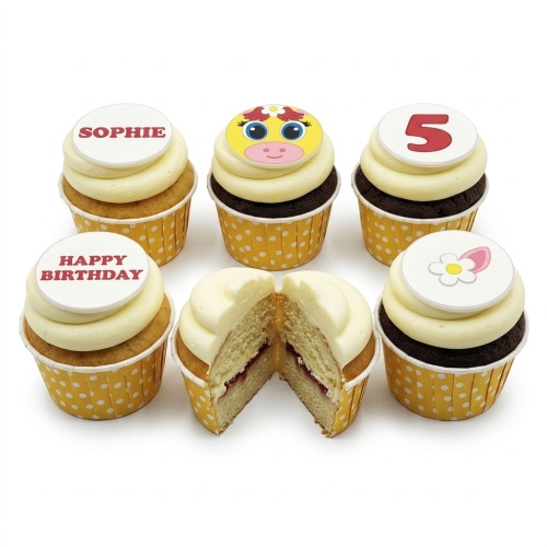 Set of six animal theme kids birthday cupcakes with custom age and personalised name toppers.