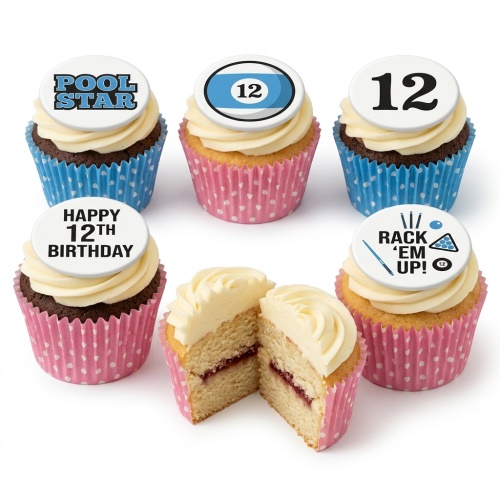 Assorted pool-themed birthday cupcakes with "POOL STAR", pool ball, and "RACK 'EM UP!" toppers on vanilla and chocolate sponges.