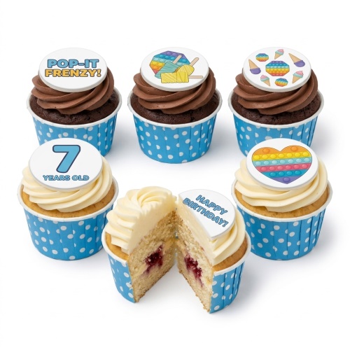Assortment of Pop It themed birthday cupcakes with chocolate and vanilla frosting, blue polka dot wrappers, and custom age/message toppers.