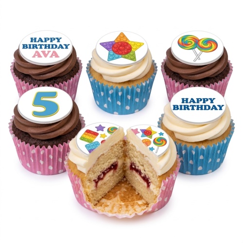 Kids birthday cupcakes with pop-it fidget toy, rainbow lollipop, and star toppers, with custom age and name examples.
