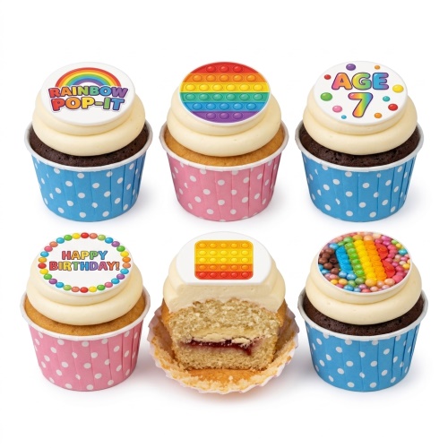 Six cupcakes with white frosting, Pop-It fidget toy toppers, rainbow sprinkles, and a custom age topper.