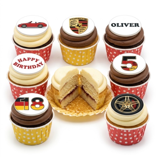 Assortment of Porsche themed birthday cupcakes with car, logo, wheel, custom age, and 'Happy Birthday' toppers.