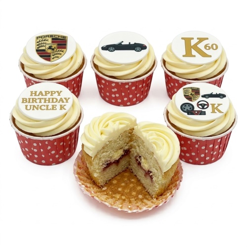 Porsche themed birthday cupcakes with car logo and custom age topper