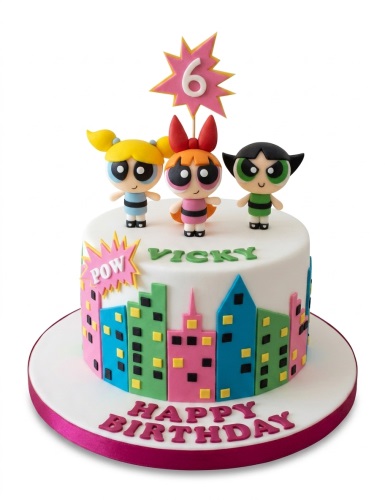 Powerpuff Girls birthday cake with Blossom, Bubbles, Buttercup figurines, city skyline, and custom age topper.