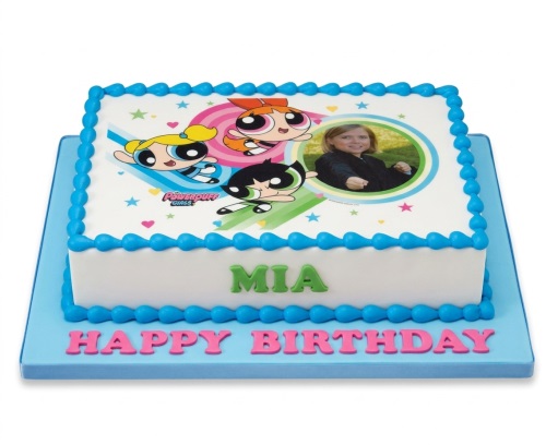 Rectangular Powerpuff Girls birthday cake with a custom photo and personalised name.