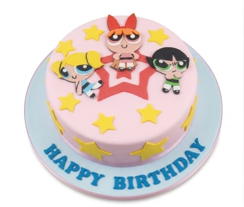 Round pink Powerpuff Girls birthday cake with Blossom, Bubbles, Buttercup, and yellow stars.