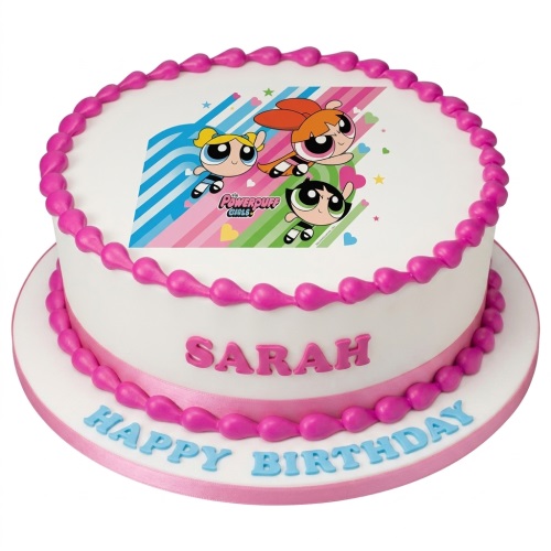 Round white Powerpuff Girls birthday cake with pink piping and personalised name.