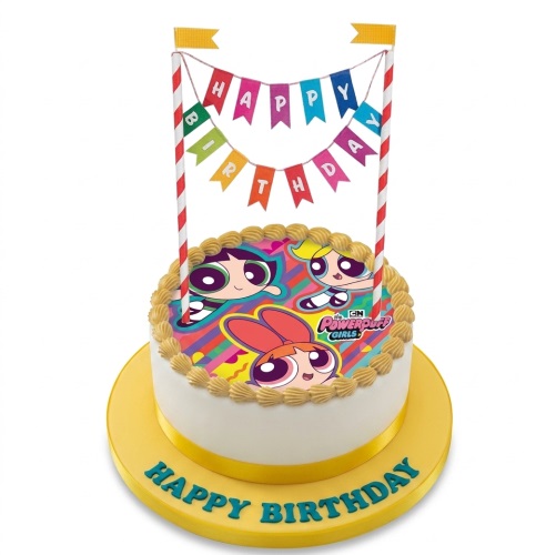 Round white Powerpuff Girls birthday cake with yellow board and 'Happy Birthday' banner topper.
